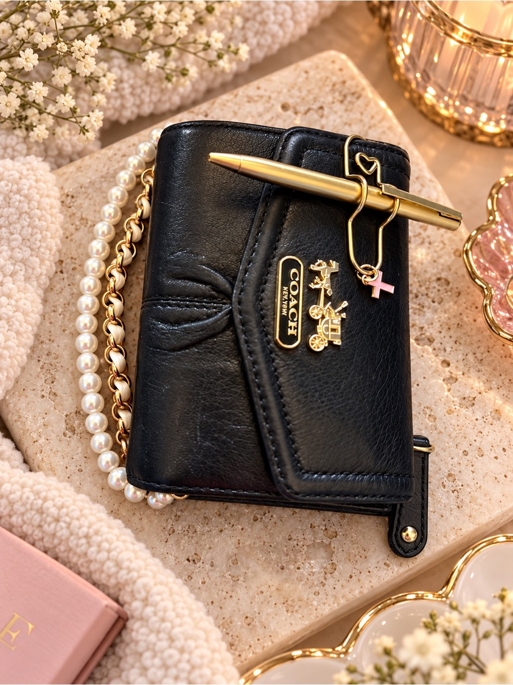 COACH Black Leather Mini Wallet with Gold Hardware